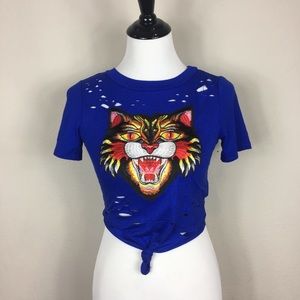 Royal Blue Embroidered Lion Crop Top